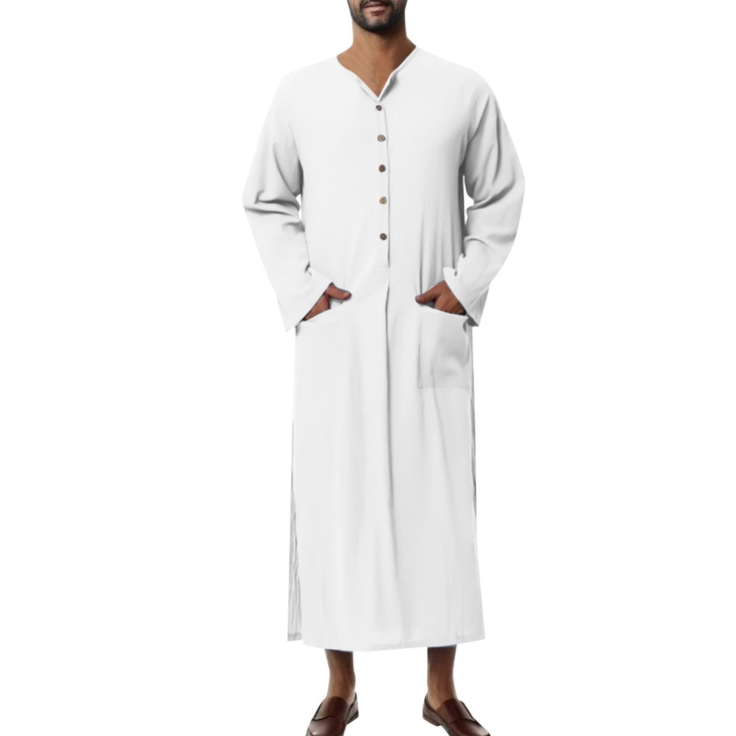 Effortless Linen Kaftan Robe for Women with Band Collar Long Sleeve Button Front Side Slit Flowing Style
