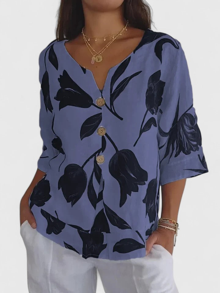 Effortless Floral Linen Blouse for Women with V Neck Elbow Sleeve Button Front Relaxed Style