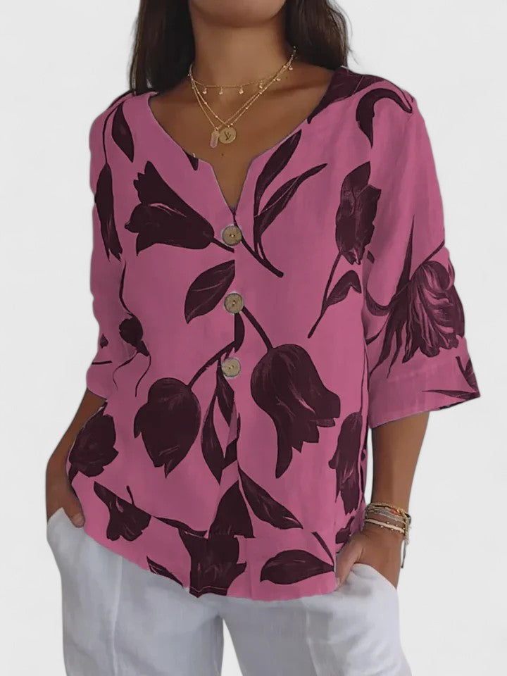 Effortless Floral Linen Blouse for Women with V Neck Elbow Sleeve Button Front Relaxed Style