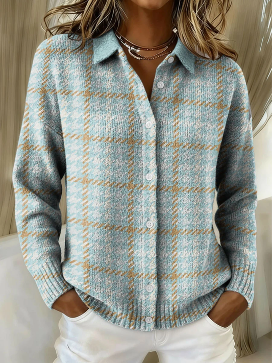 Effortless Blue Plaid Knit Shirt for Women with Collar Long Sleeve Button Front Relaxed Style