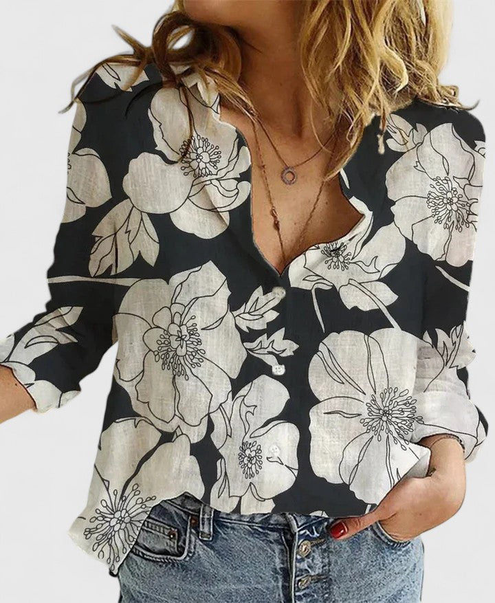Effortless Linen Blouse for Women with V Neck Long Sleeve Button Front Relaxed Casual Style