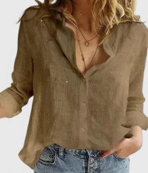 Effortless Linen Blouse for Women with V Neck Long Sleeve Button Front Relaxed Casual Style
