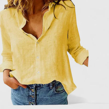 Effortless Linen Blouse for Women with V Neck Long Sleeve Button Front Relaxed Casual Style