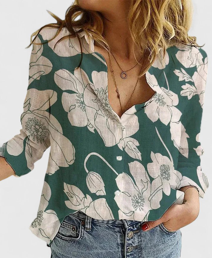 Effortless Linen Blouse for Women with V Neck Long Sleeve Button Front Relaxed Casual Style