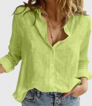 Effortless Linen Blouse for Women with V Neck Long Sleeve Button Front Relaxed Casual Style