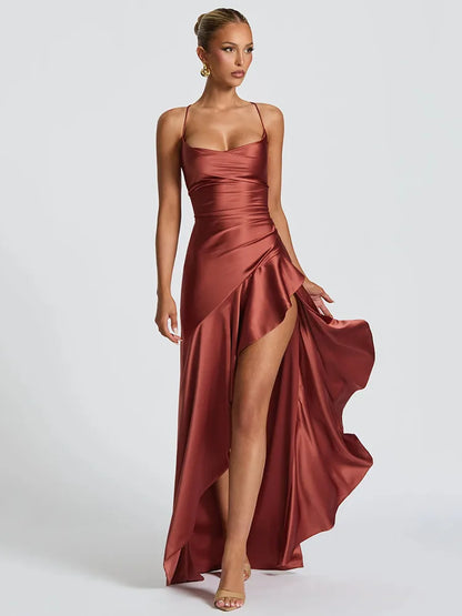 Elegant Satin Maxi Dress for Women with Cowl Neck Spaghetti Strap Ruffle High Slit Style