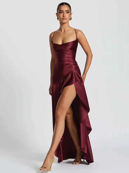 Elegant Satin Maxi Dress for Women with Cowl Neck Spaghetti Strap Ruffle High Slit Style