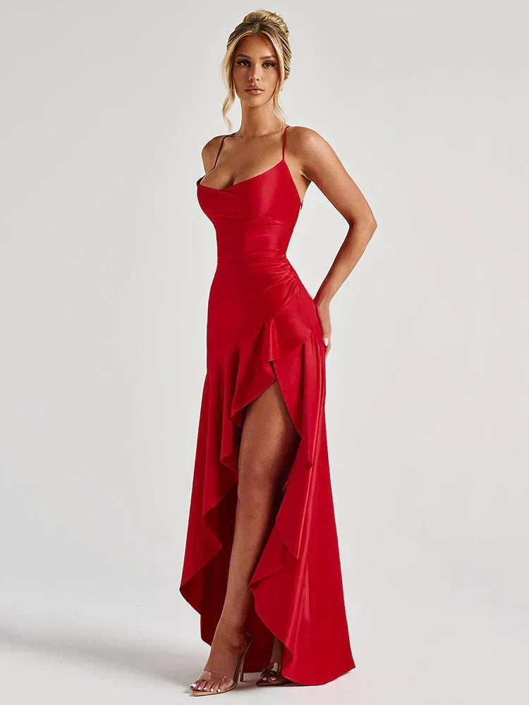 Elegant Satin Maxi Dress for Women with Cowl Neck Spaghetti Strap Ruffle High Slit Style
