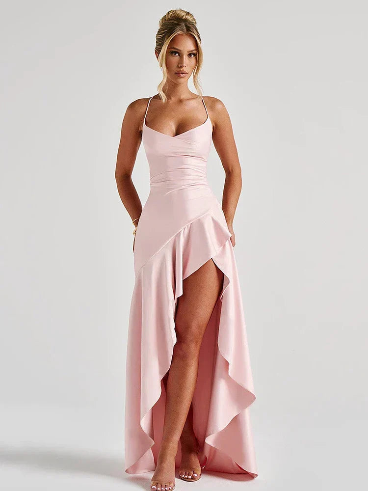 Elegant Satin Maxi Dress for Women with Cowl Neck Spaghetti Strap Ruffle High Slit Style