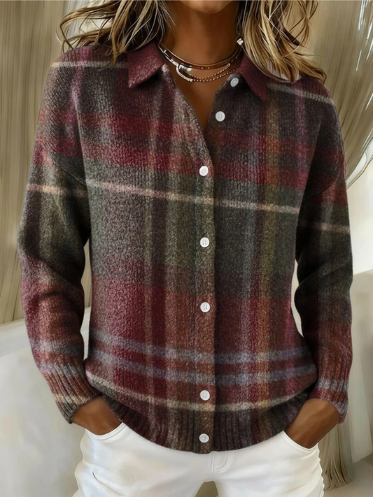 Elegant Burgundy Plaid Flannel Jacket for Women with Collar Long Sleeve Button Front Relaxed Style