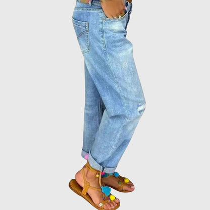 Effortless Blue Distressed Jeans for Women with High Waist Button Fly Cuffed Relaxed Style