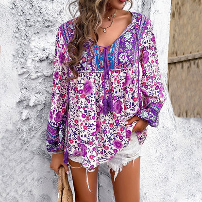 Effortless Floral Print Blouse for Women with V Neck Bishop Sleeve Tassel Tie Boho Style