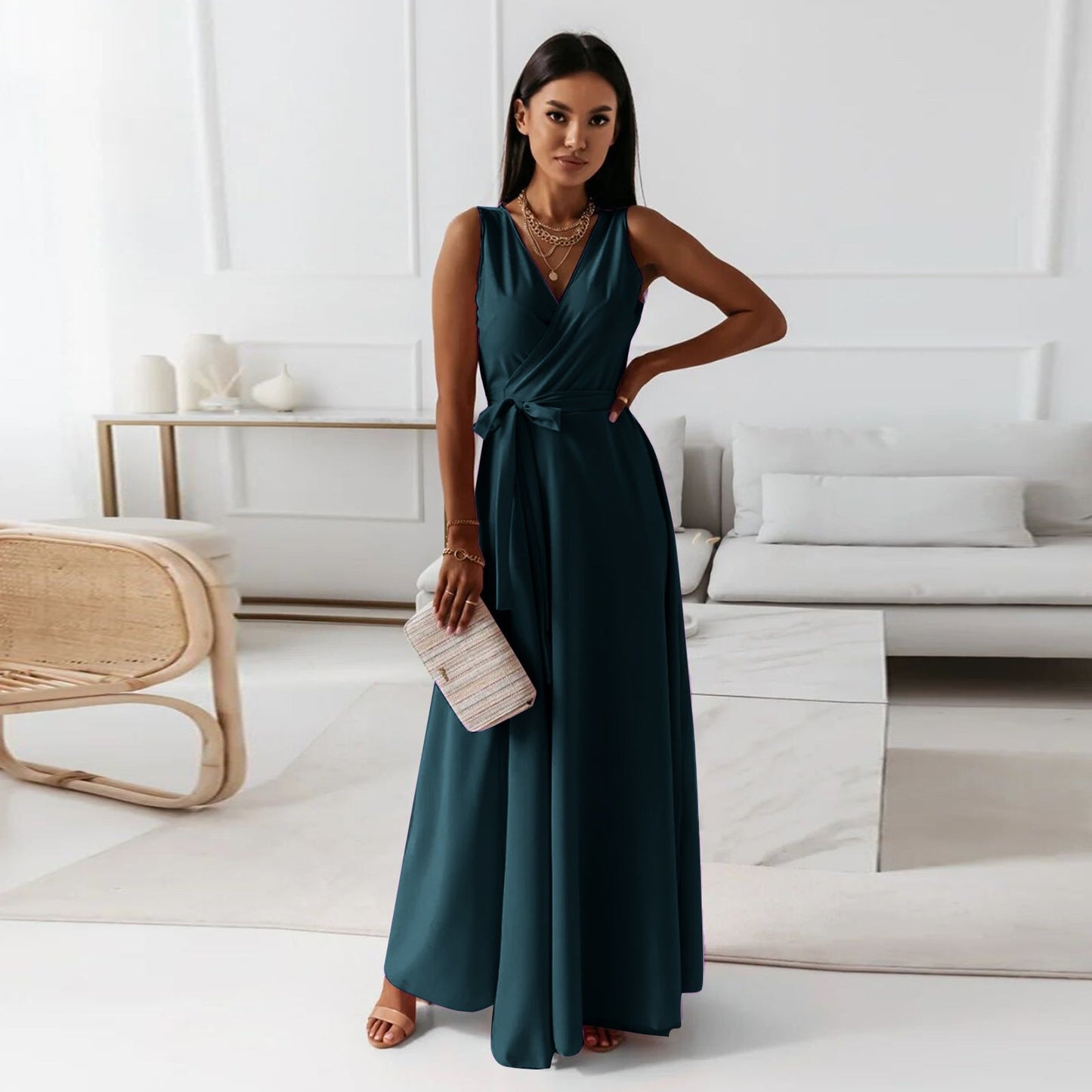 Elegant Wrap Maxi Dress for Women with V Neck Sleeveless Tie Waist Flowing Style