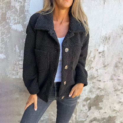 Effortless Sherpa Fleece Jacket for Women with Collar Long Sleeve Button Front Relaxed Style