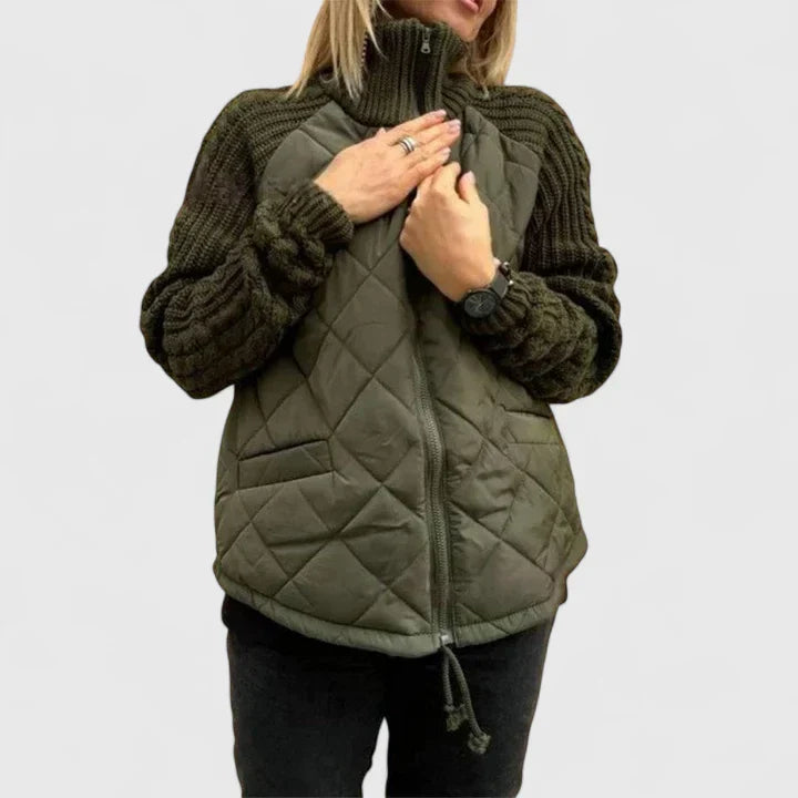 Effortless Quilted Sweater Jacket for Women with High Neck Cable Knit Sleeve Zip Front Casual Style