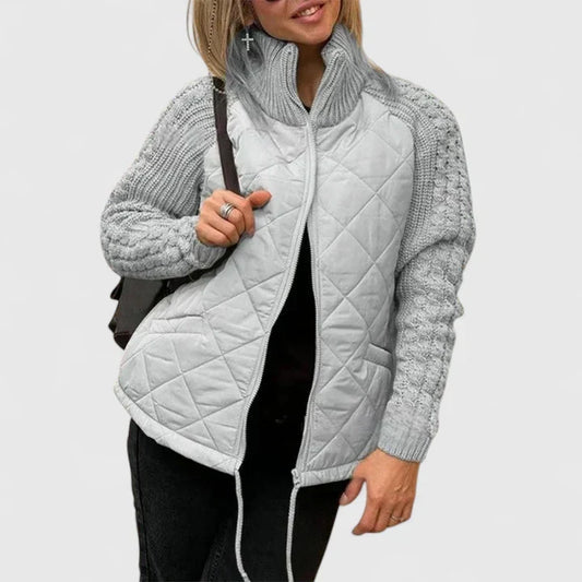 Effortless Quilted Sweater Jacket for Women with High Neck Cable Knit Sleeve Zip Front Casual Style