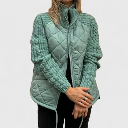 Effortless Quilted Sweater Jacket for Women with High Neck Cable Knit Sleeve Zip Front Casual Style