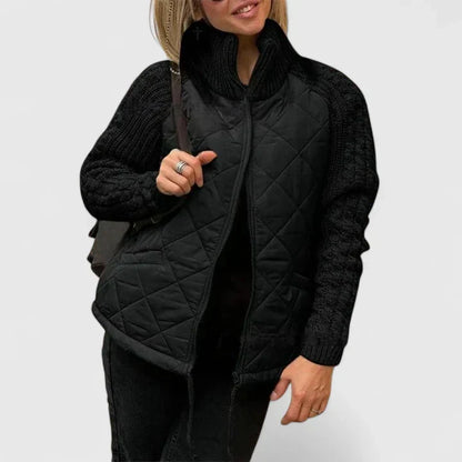 Effortless Quilted Sweater Jacket for Women with High Neck Cable Knit Sleeve Zip Front Casual Style