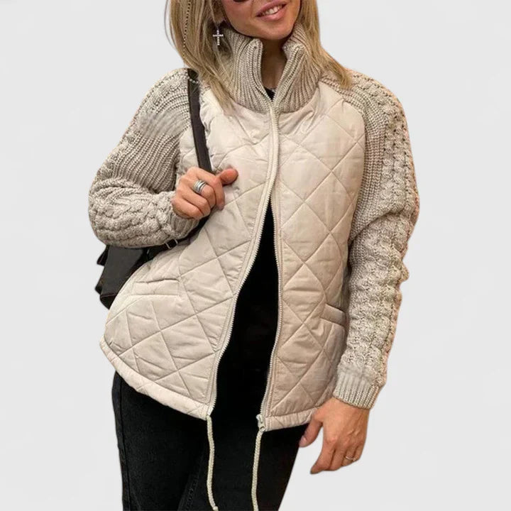 Effortless Quilted Sweater Jacket for Women with High Neck Cable Knit Sleeve Zip Front Casual Style