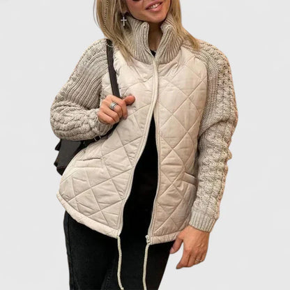 Effortless Quilted Sweater Jacket for Women with High Neck Cable Knit Sleeve Zip Front Casual Style