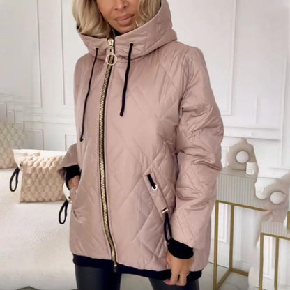 Effortless Quilted Puffer Jacket for Women with Hooded Long Sleeve Zip Front Ribbed Cuff Casual Style