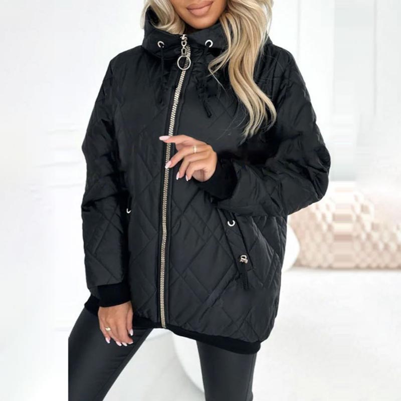 Effortless Quilted Puffer Jacket for Women with Hooded Long Sleeve Zip Front Ribbed Cuff Casual Style