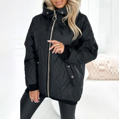 Effortless Quilted Puffer Jacket for Women with Hooded Long Sleeve Zip Front Ribbed Cuff Casual Style
