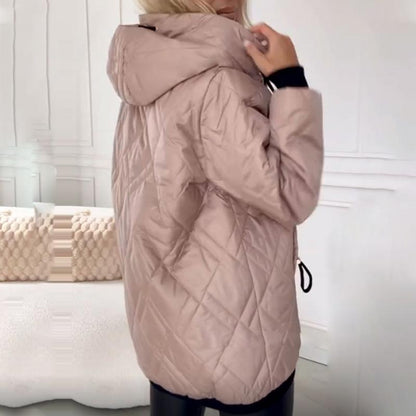 Effortless Quilted Puffer Jacket for Women with Hooded Long Sleeve Zip Front Ribbed Cuff Casual Style