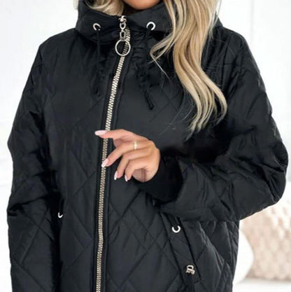 Effortless Quilted Puffer Jacket for Women with Hooded Long Sleeve Zip Front Ribbed Cuff Casual Style