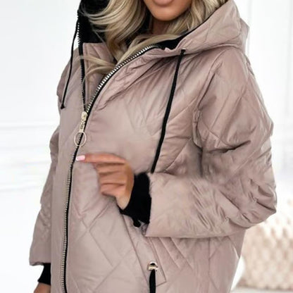 Effortless Quilted Puffer Jacket for Women with Hooded Long Sleeve Zip Front Ribbed Cuff Casual Style