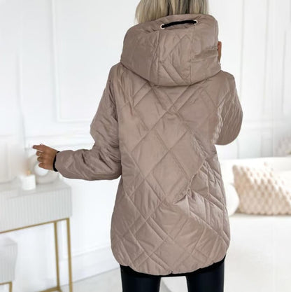 Effortless Quilted Puffer Jacket for Women with Hooded Long Sleeve Zip Front Ribbed Cuff Casual Style