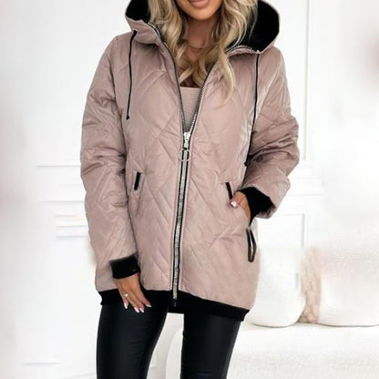 Effortless Quilted Puffer Jacket for Women with Hooded Long Sleeve Zip Front Ribbed Cuff Casual Style