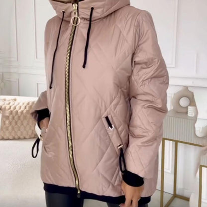 Effortless Quilted Puffer Jacket for Women with Hooded Long Sleeve Zip Front Ribbed Cuff Casual Style
