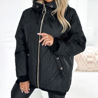 Effortless Quilted Puffer Jacket for Women with Hooded Long Sleeve Zip Front Ribbed Cuff Casual Style
