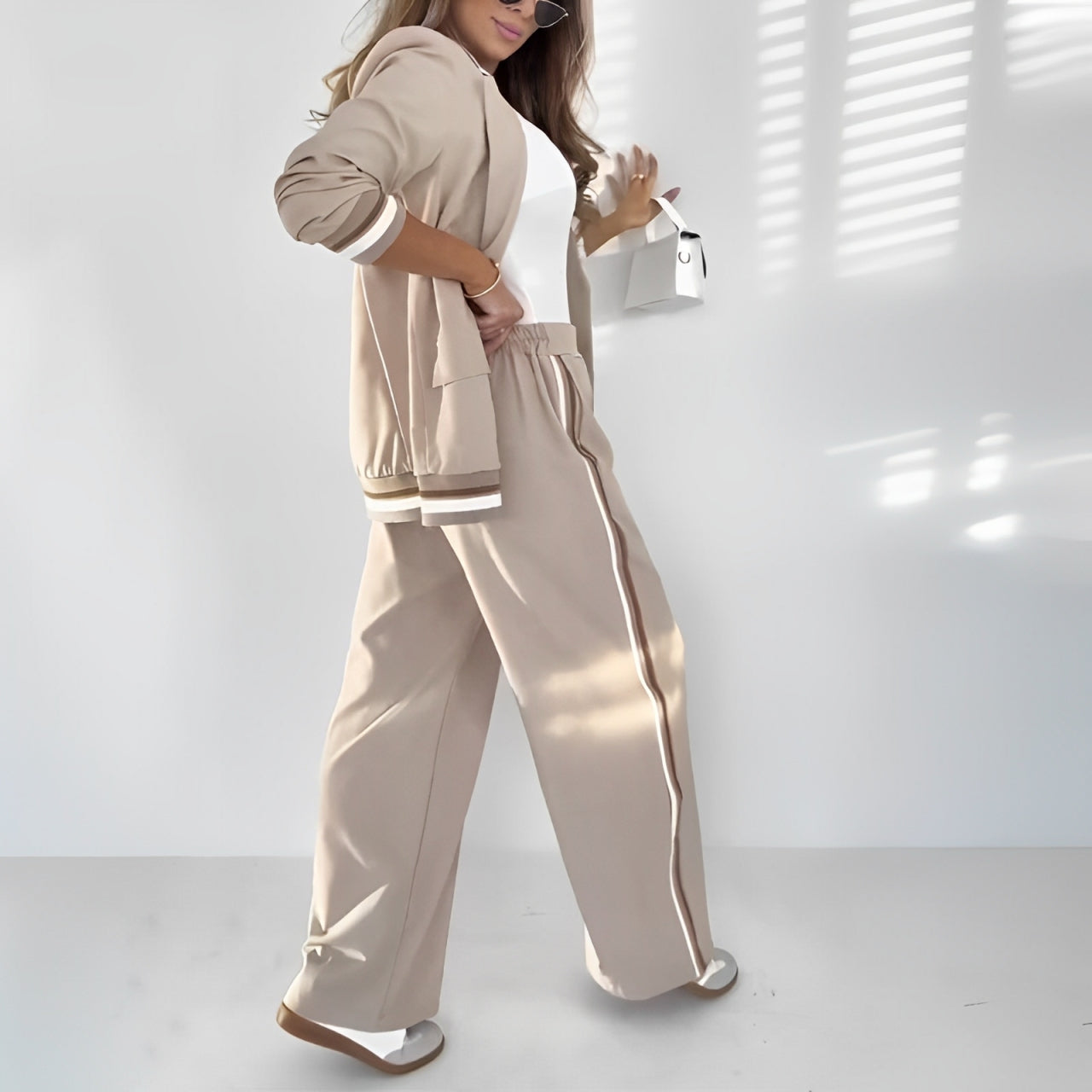Elegant Striped Blazer Two Piece Set for Women with Notched Lapel Long Sleeve Wide Leg Pant Office Style