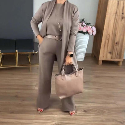 Elegant Wide Leg Three Piece Set for Women with Open Front Duster Cardigan Long Sleeve Formal Style