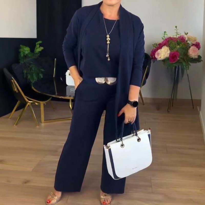 Elegant Wide Leg Three Piece Set for Women with Open Front Duster Cardigan Long Sleeve Formal Style