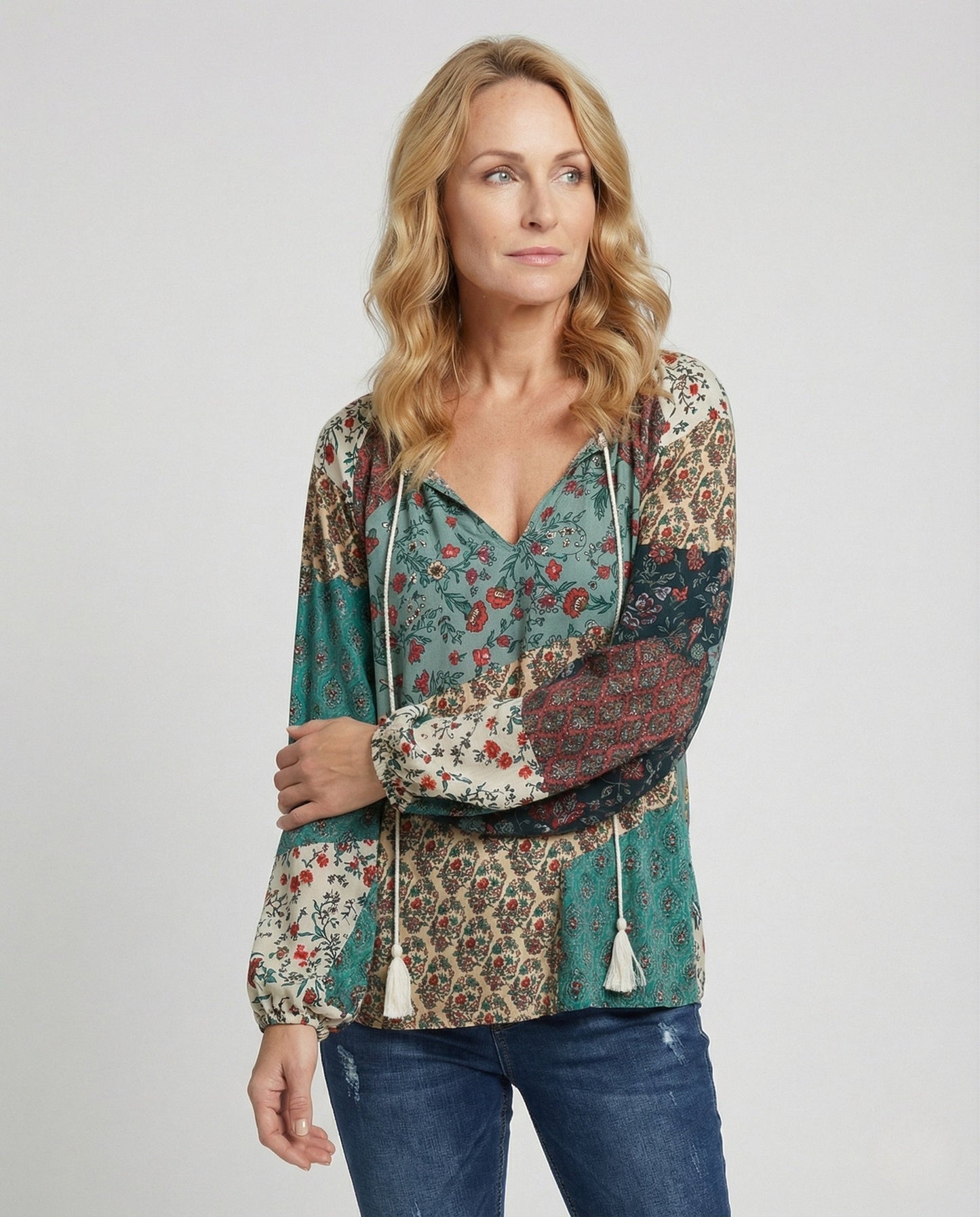Effortless Patchwork Print Blouse for Women with V Neck Long Sleeve Tassel Tie Bohemian Style