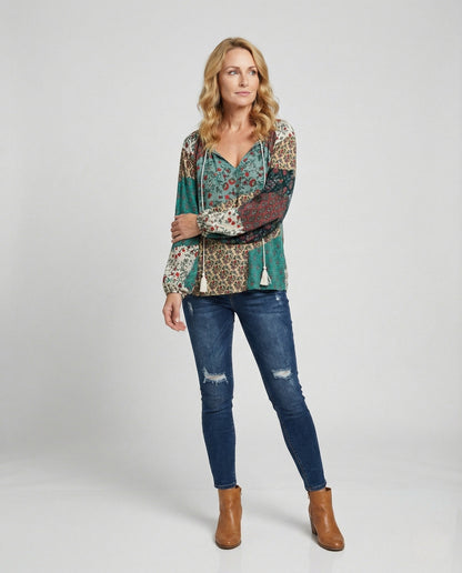 Effortless Patchwork Print Blouse for Women with V Neck Long Sleeve Tassel Tie Bohemian Style
