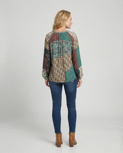 Effortless Patchwork Print Blouse for Women with V Neck Long Sleeve Tassel Tie Bohemian Style