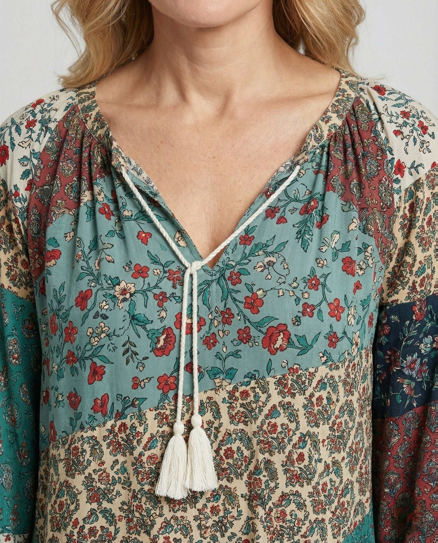 Effortless Patchwork Print Blouse for Women with V Neck Long Sleeve Tassel Tie Bohemian Style