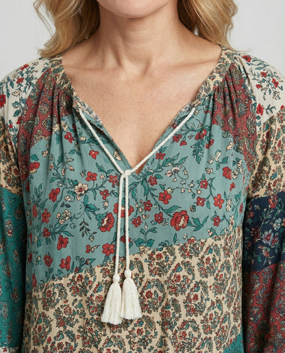 Effortless Patchwork Print Blouse for Women with V Neck Long Sleeve Tassel Tie Bohemian Style