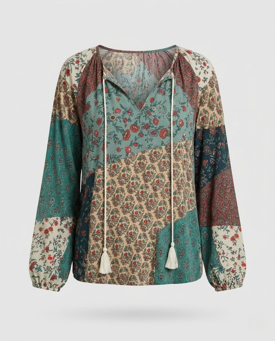 Effortless Patchwork Print Blouse for Women with V Neck Long Sleeve Tassel Tie Bohemian Style