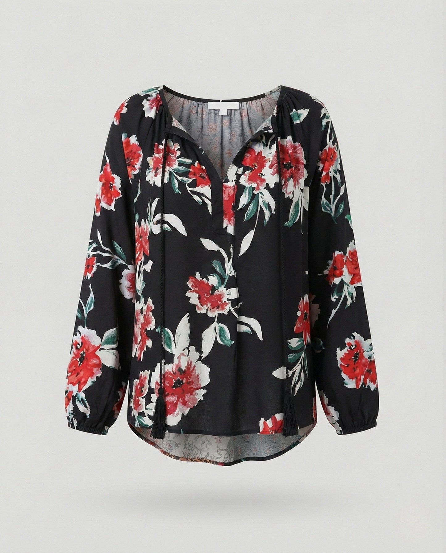 Effortless Patchwork Print Blouse for Women with V Neck Long Sleeve Tassel Tie Bohemian Style