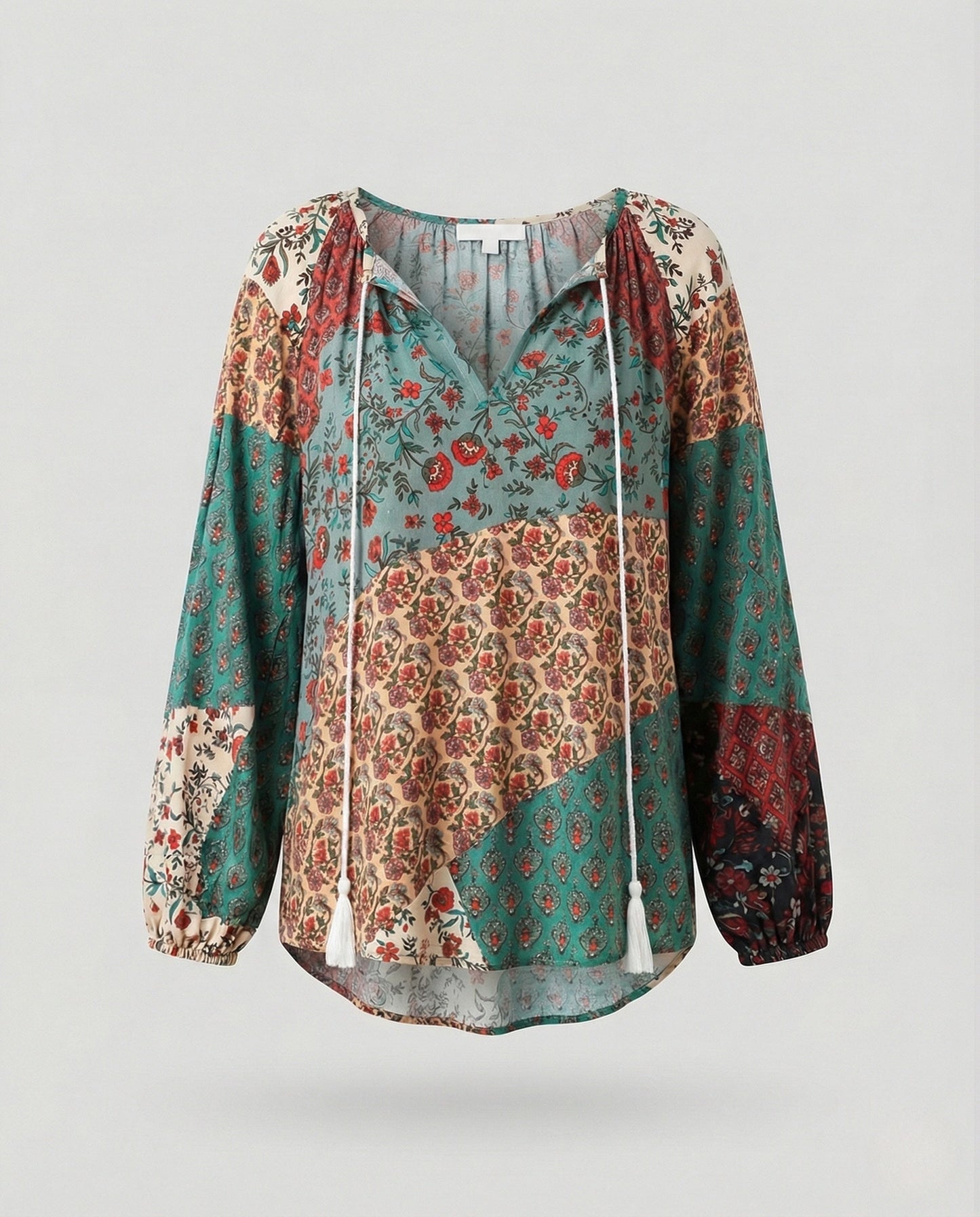 Effortless Patchwork Print Blouse for Women with V Neck Long Sleeve Tassel Tie Bohemian Style