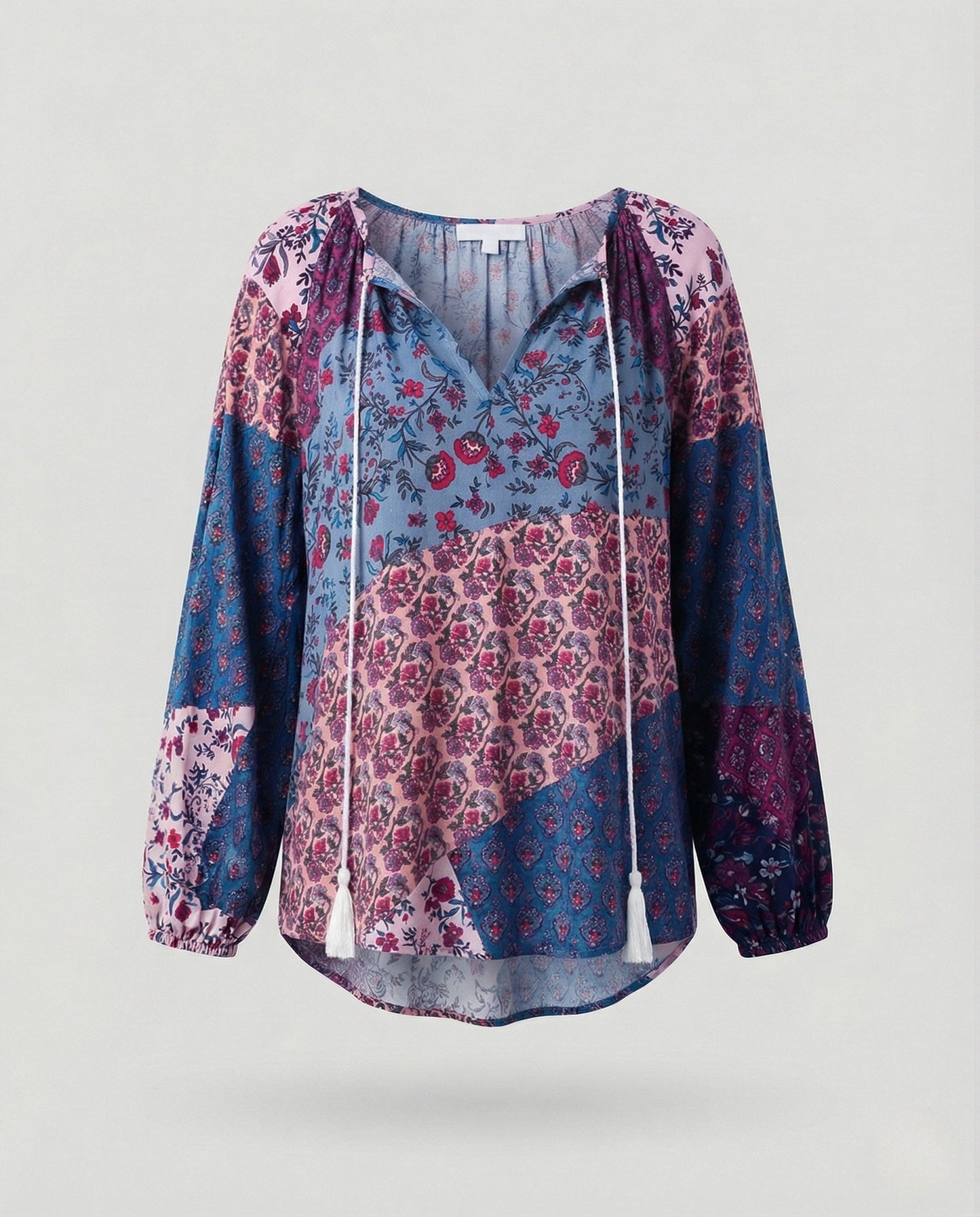 Effortless Patchwork Print Blouse for Women with V Neck Long Sleeve Tassel Tie Bohemian Style