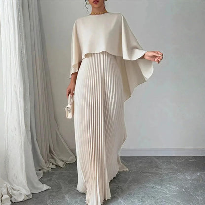 Elegant Pleated Kaftan Maxi Dress for Women with High Neck Cape Sleeve Flowing Style