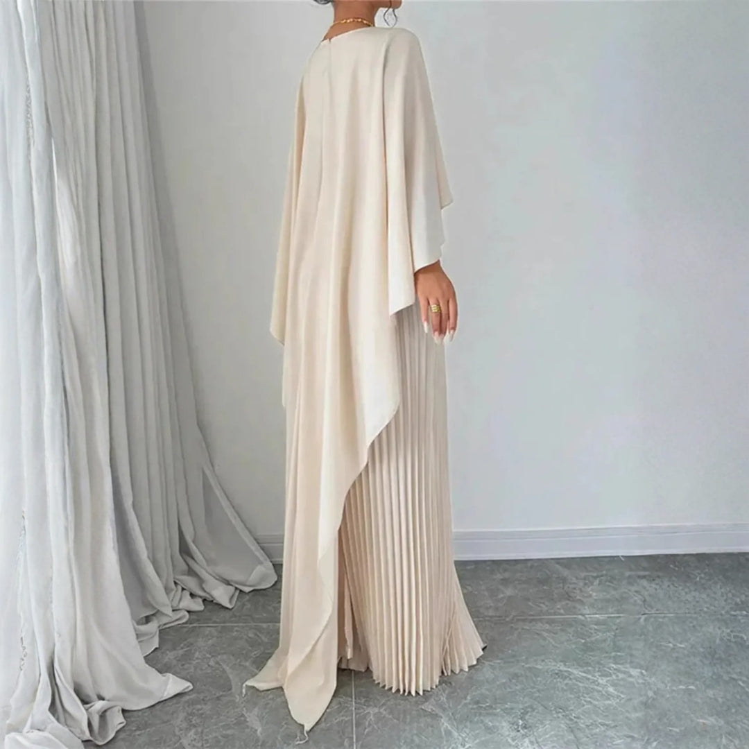 Elegant Pleated Kaftan Maxi Dress for Women with High Neck Cape Sleeve Flowing Style