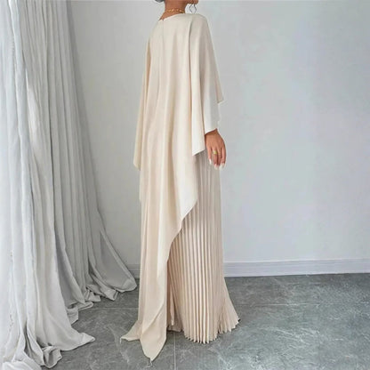 Elegant Pleated Kaftan Maxi Dress for Women with High Neck Cape Sleeve Flowing Style