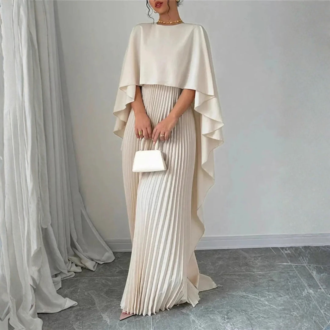 Elegant Pleated Kaftan Maxi Dress for Women with High Neck Cape Sleeve Flowing Style